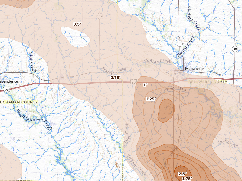 Radar-estimated hail-size map of the storm over Masonville, IA on Aug 7, 2026