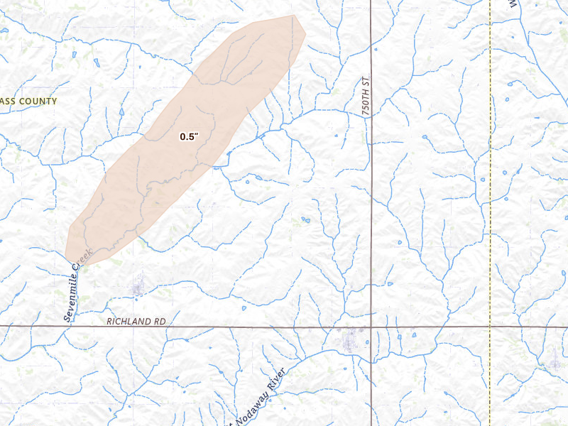 Radar-estimated hail-size map of the storm over Massena, IA on Mar 6, 2026