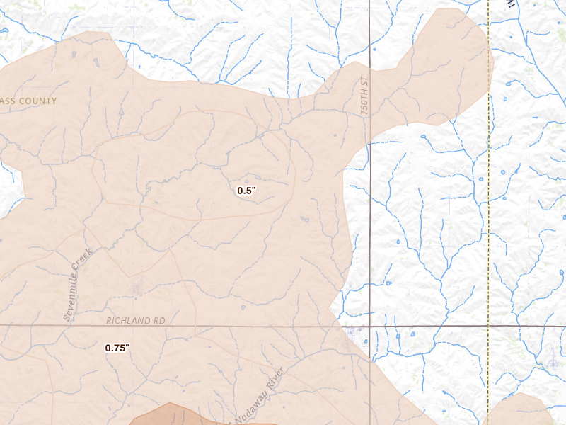 Radar-estimated hail-size map of the storm over Massena, IA on Jun 5, 2026