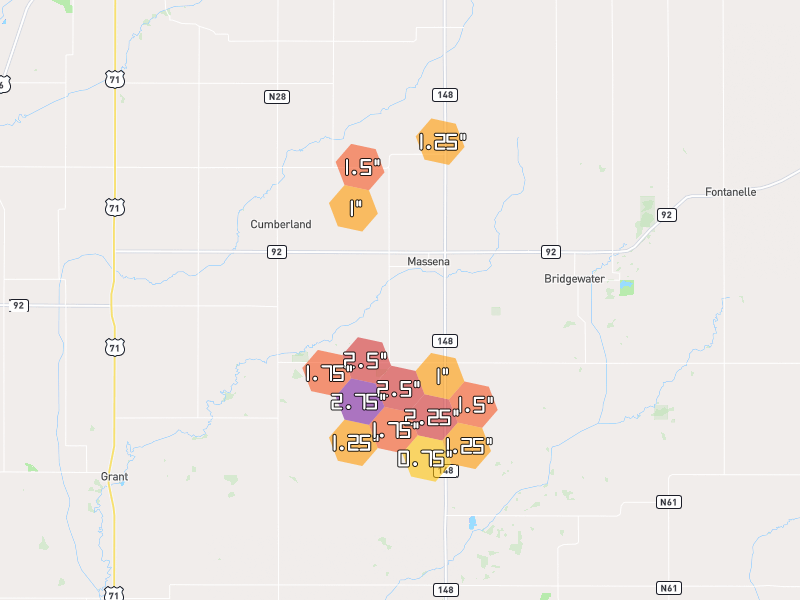 Hail map of Massena, IA on Jun 6, 2026, hail up to 2.75"