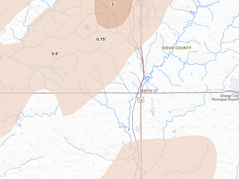 Radar-estimated hail-size map of the storm over Maurice, IA on Jun 29, 2026