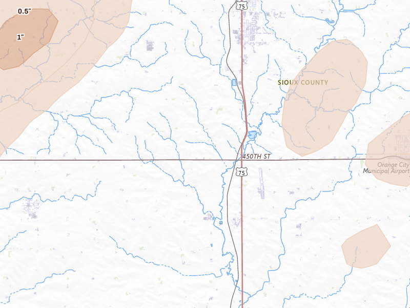 Radar-estimated hail-size map of the storm over Maurice, IA on Jul 2, 2026