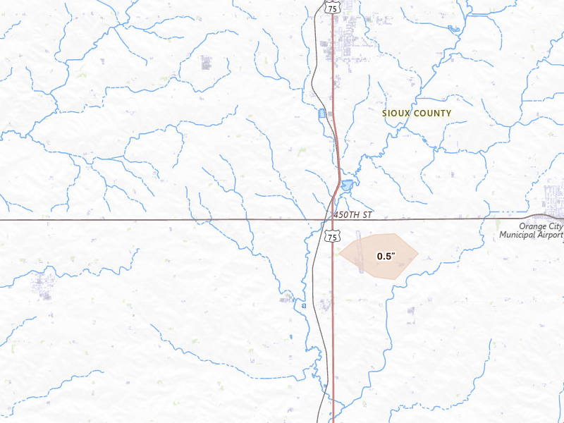 Radar-estimated hail-size map of the storm over Maurice, IA on Aug 10, 2026