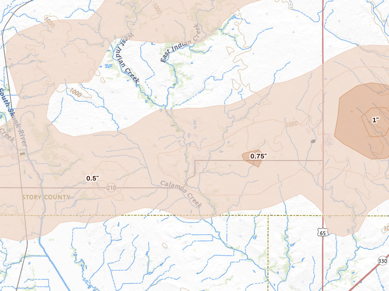 Radar-estimated hail-size map of the storm over Maxwell, IA