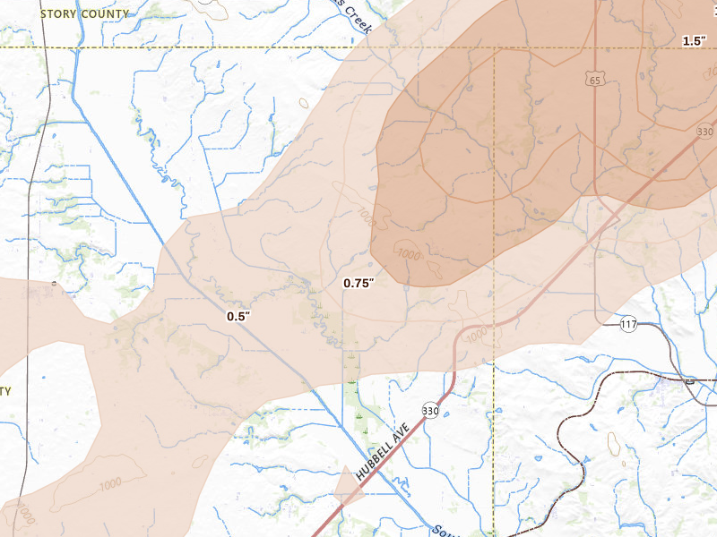 Radar-estimated hail-size map of the storm over Maxwell, IA on Apr 17, 2026