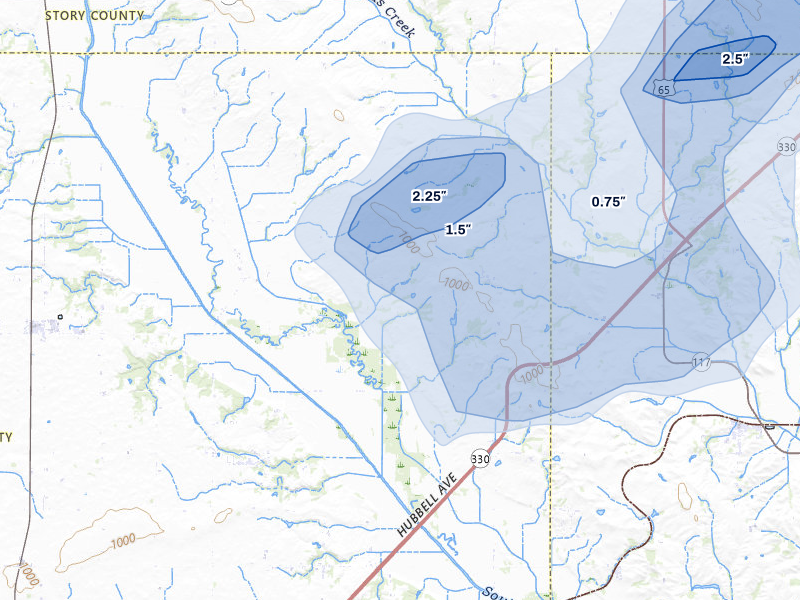 NEXRAD radar-signature map of the hail over Maxwell, IA