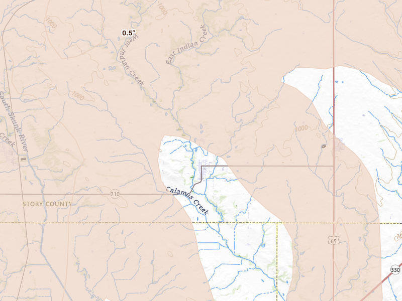 Radar-estimated hail-size map of the storm over Maxwell, IA on Jun 11, 2026