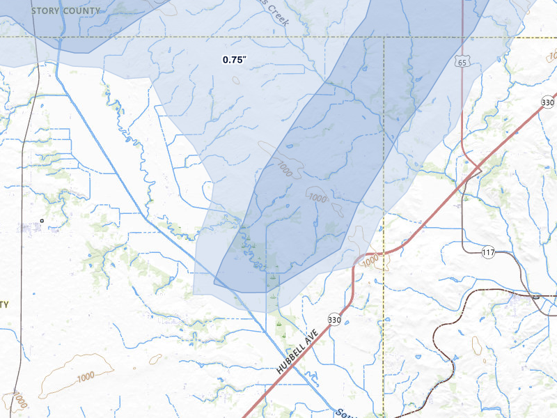 NEXRAD radar-signature map of the hail over Maxwell, IA