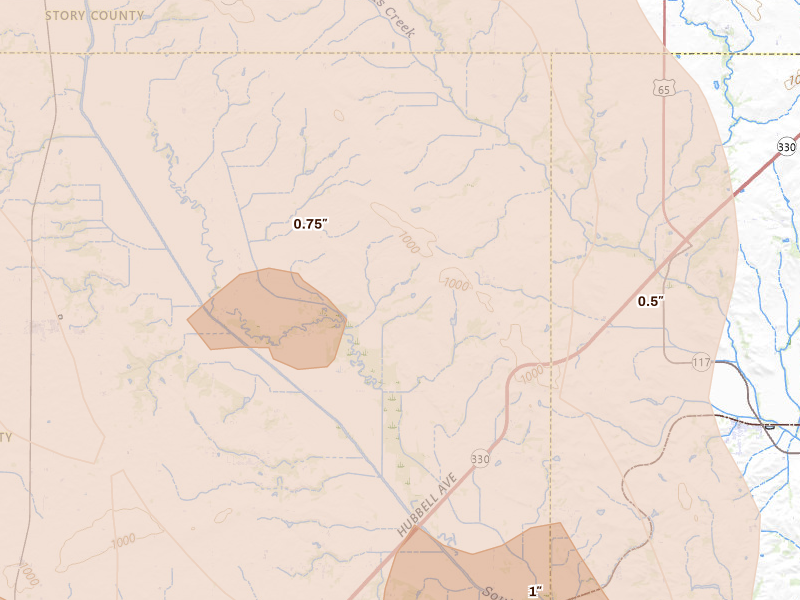 Radar-estimated hail-size map of the storm over Maxwell, IA on Jul 20, 2026