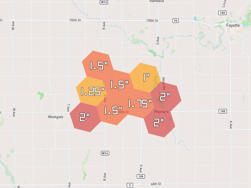 Hail map of Maynard, IA on Jul 2, 2026, hail up to 2"