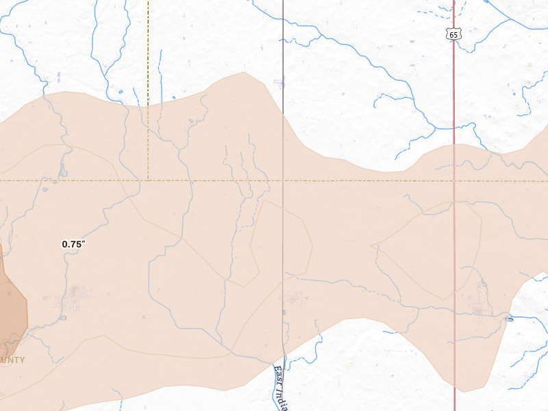 Radar-estimated hail-size map of the storm over Mc Callsburg, IA on Jun 28, 2026