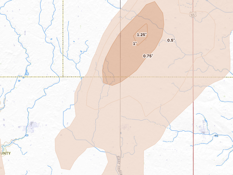 Radar-estimated hail-size map of the storm over Mc Callsburg, IA on Jul 2, 2026