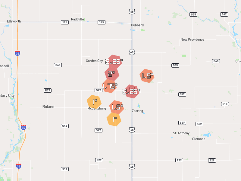 Hail map of Mc Callsburg, IA on Jul 2, 2026, hail up to 2.25"