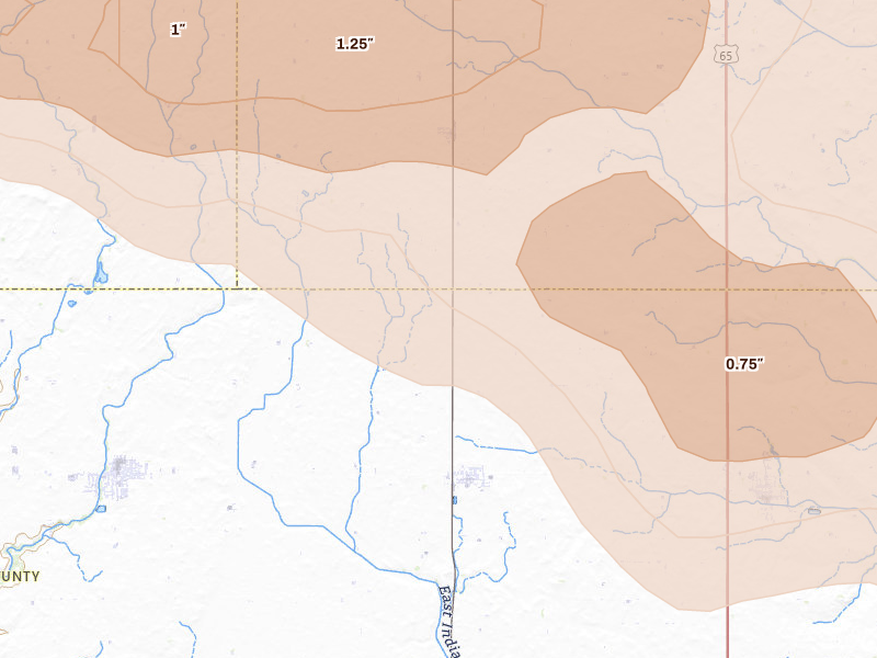 Radar-estimated hail-size map of the storm over Mc Callsburg, IA on Aug 11, 2026