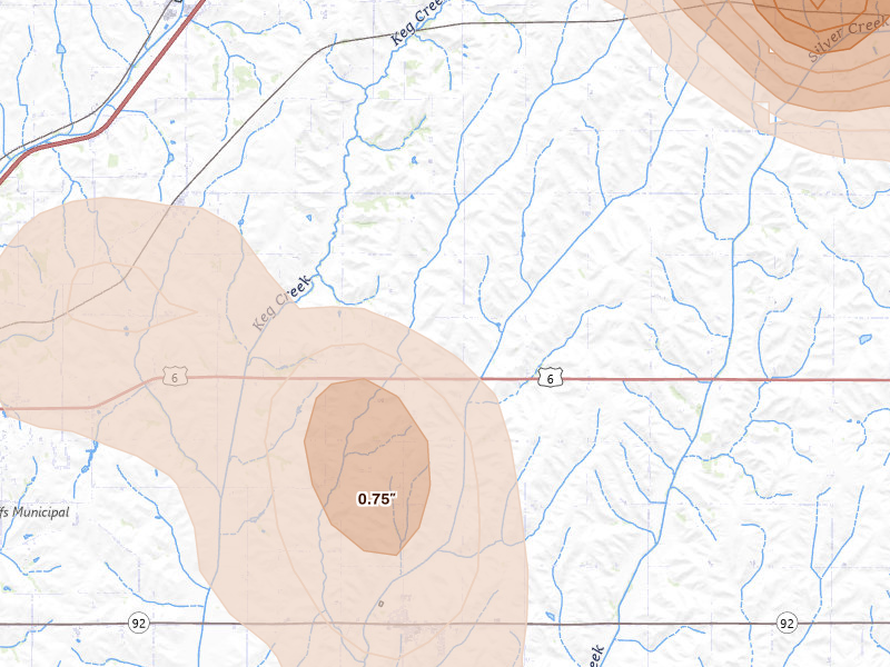 Radar-estimated hail-size map of the storm over Mc Clelland, IA on May 31, 2026