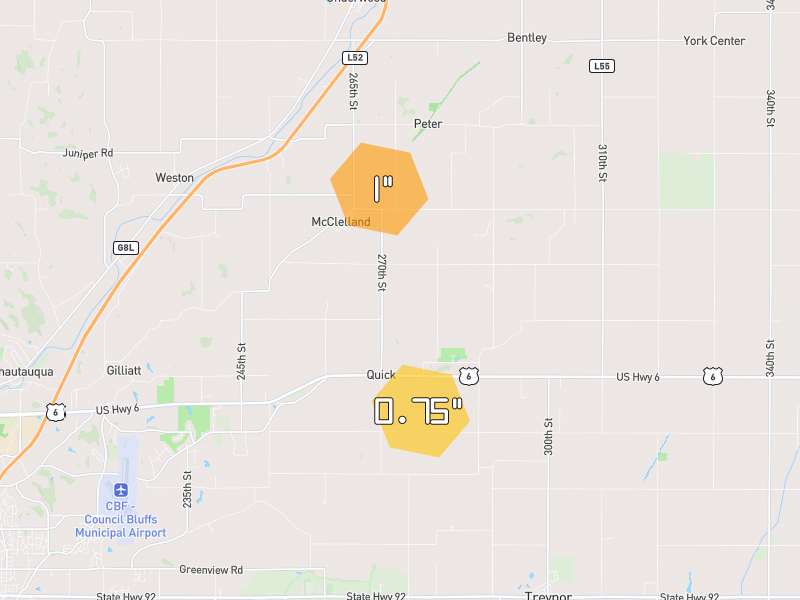 Hail map of Mc Clelland, IA on Jul 1, 2026, hail up to 1"