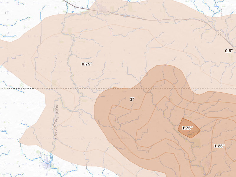Radar-estimated hail-size map of the storm over Mc Intire, IA on Jul 8, 2026