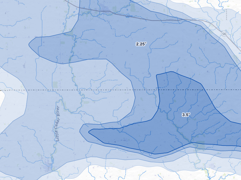 NEXRAD radar-signature map of the hail storm over Mc Intire, IA on Jul 8, 2026