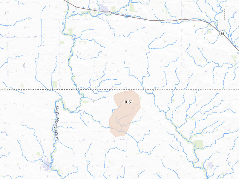 Radar-estimated hail-size map of the storm over Mc Intire, IA on Jul 27, 2026