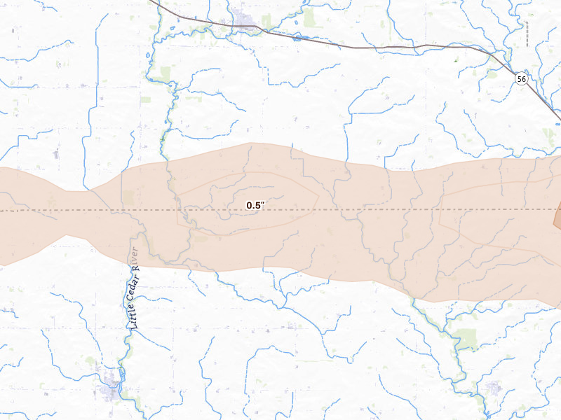 Radar-estimated hail-size map of the storm over Mc Intire, IA on Aug 20, 2026