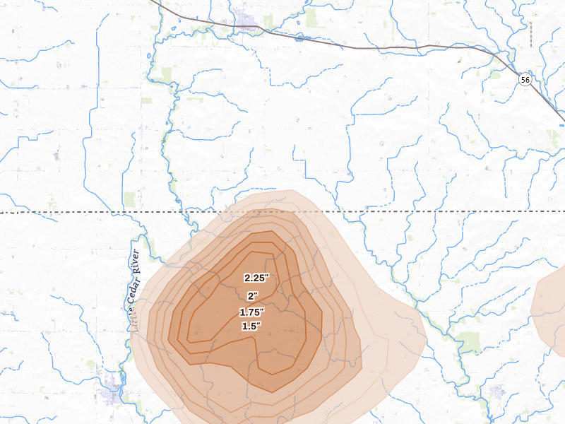 Radar-estimated hail-size map of the storm over Mc Intire, IA on Sep 2, 2026