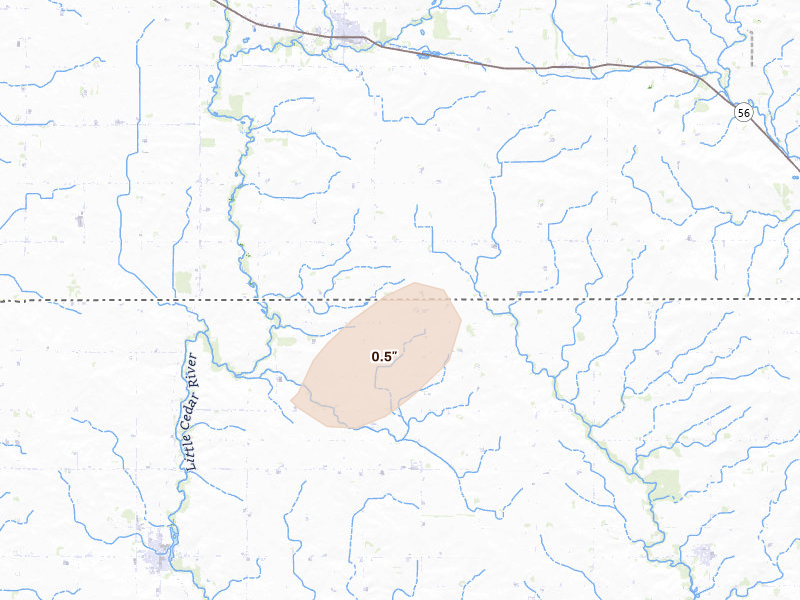 Radar-estimated hail-size map of the storm over Mc Intire, IA on Sep 3, 2026