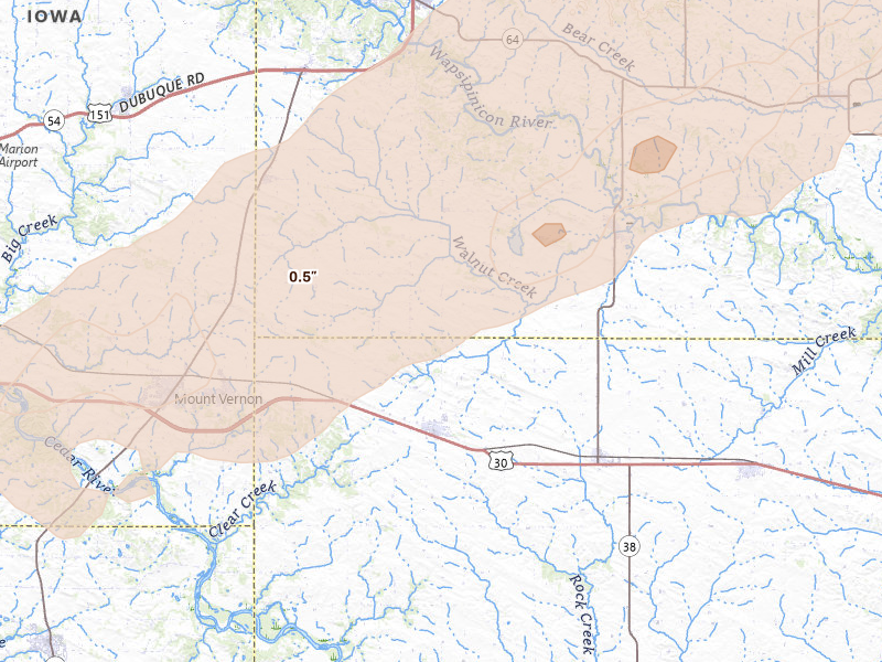 Radar-estimated hail-size map of the storm over Mechanicsville, IA on Apr 17, 2026