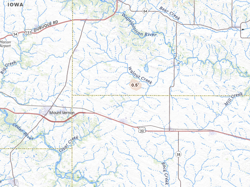 Radar-estimated hail-size map of the storm over Mechanicsville, IA on Apr 23, 2026