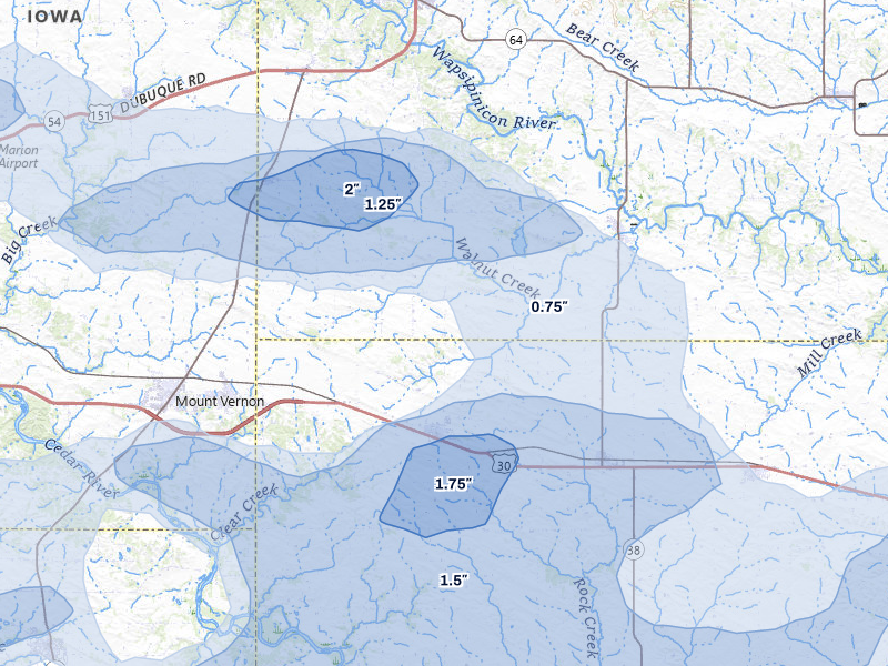 NEXRAD radar-signature map of the hail storm over Mechanicsville, IA on Jul 3, 2026