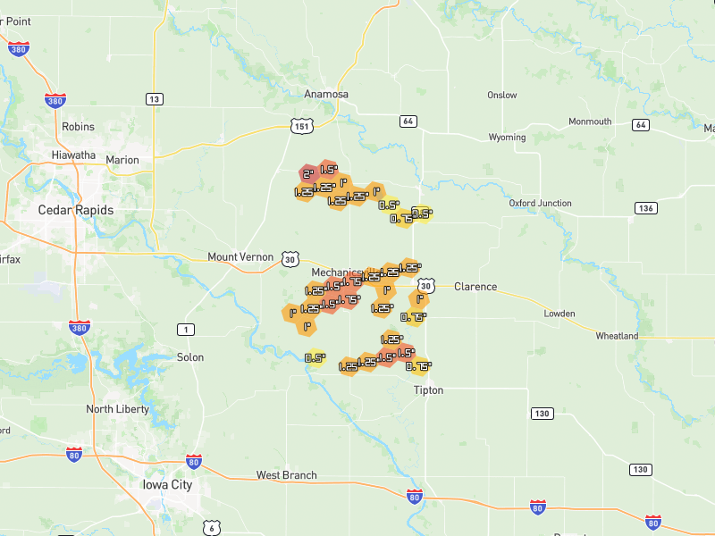 Hail map of Mechanicsville, IA on Jul 3, 2026, hail up to 2"