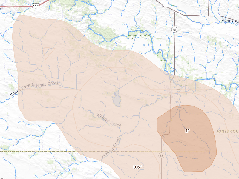 Radar-estimated hail-size map of the storm over Mechanicsville, IA on Aug 7, 2026