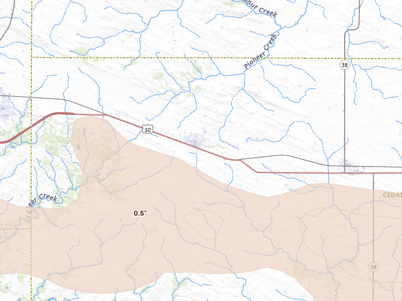 Radar-estimated hail-size map of the storm over Mechanicsville, IA on Aug 11, 2026