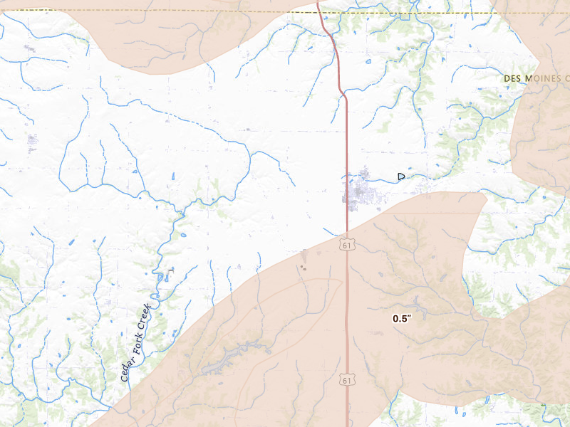 Radar-estimated hail-size map of the storm over Mediapolis, IA on Mar 10, 2026