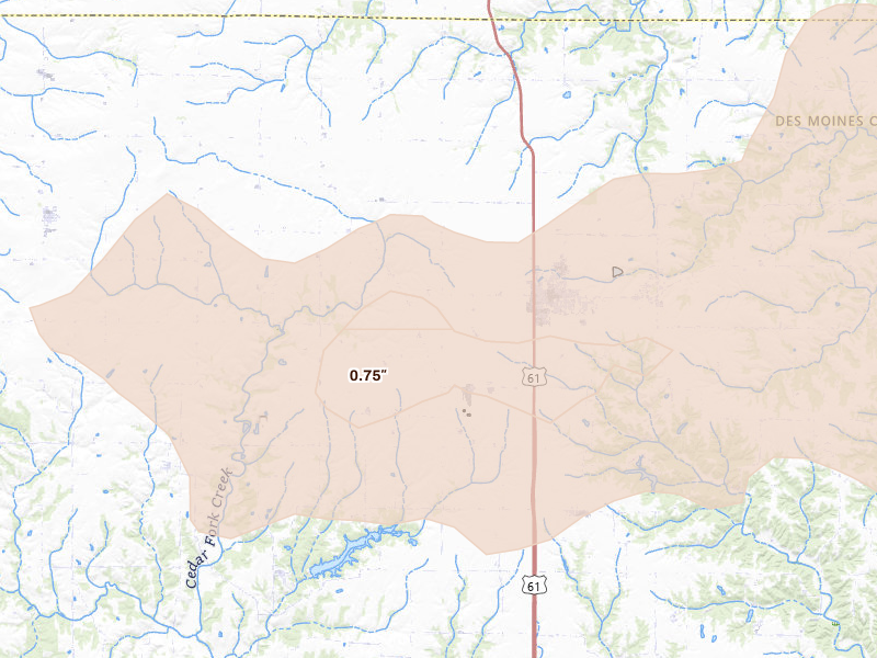Radar-estimated hail-size map of the storm over Mediapolis, IA on May 4, 2026