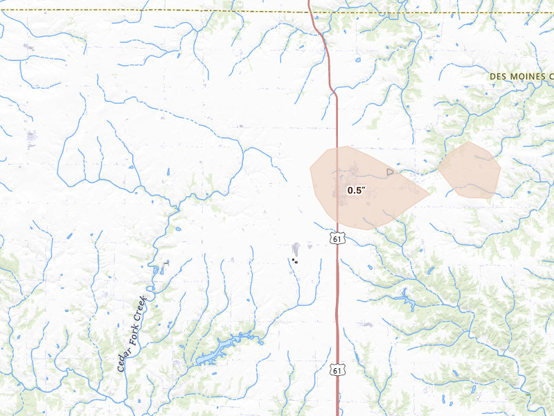 Radar-estimated hail-size map of the storm over Mediapolis, IA on May 15, 2026