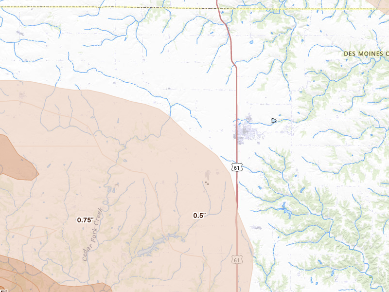 Radar-estimated hail-size map of the storm over Mediapolis, IA on Aug 12, 2026