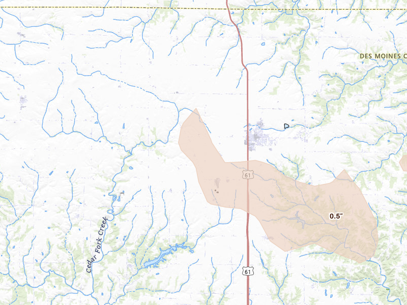 Radar-estimated hail-size map of the storm over Mediapolis, IA on Aug 13, 2026