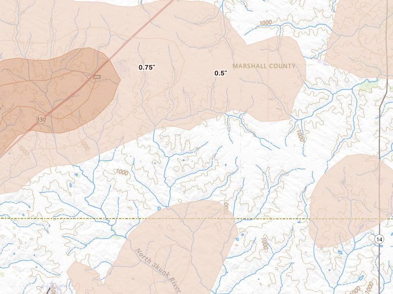 Radar-estimated hail-size map of the storm over Melbourne, IA
