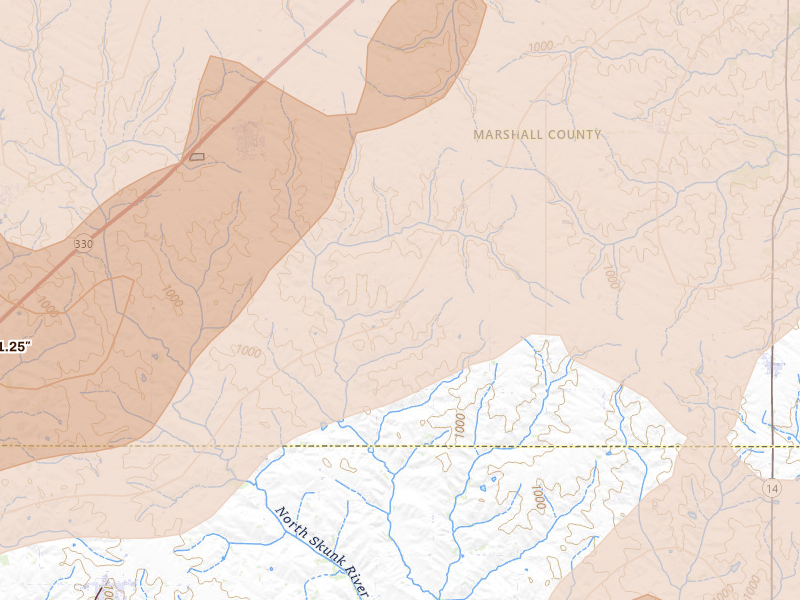 Radar-estimated hail-size map of the storm over Melbourne, IA on Apr 17, 2026