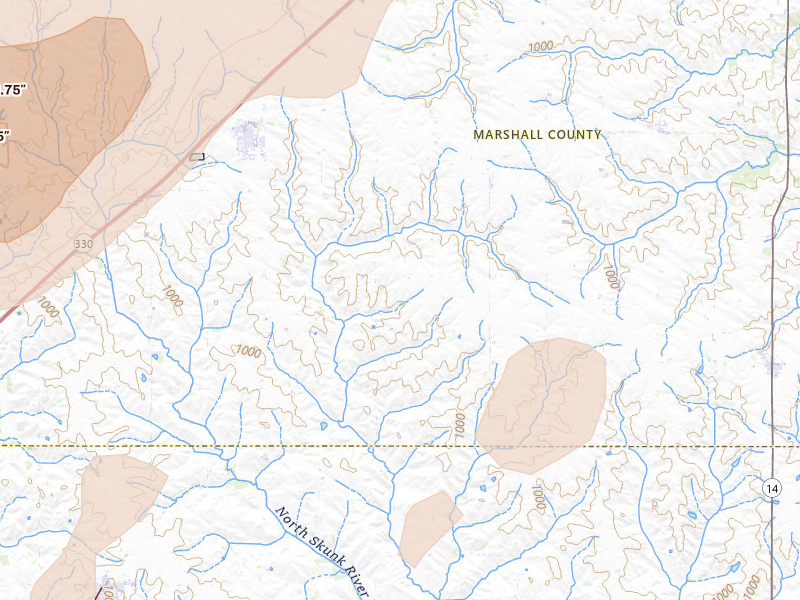 Radar-estimated hail-size map of the storm over Melbourne, IA on Jul 2, 2026