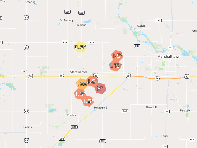 Hail map of Melbourne, IA on Jul 2, 2026, hail up to 2"
