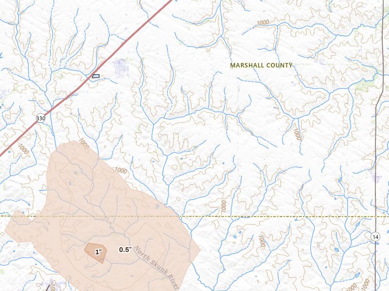 Radar-estimated hail-size map of the storm over Melbourne, IA on Jul 26, 2026