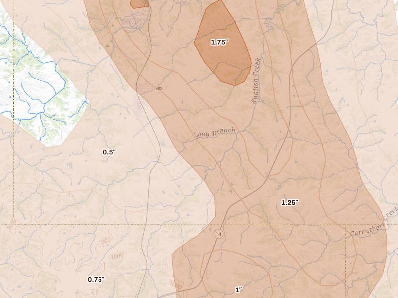 Radar-estimated hail-size map of the storm over Melcher Dallas, IA on Jul 20, 2026