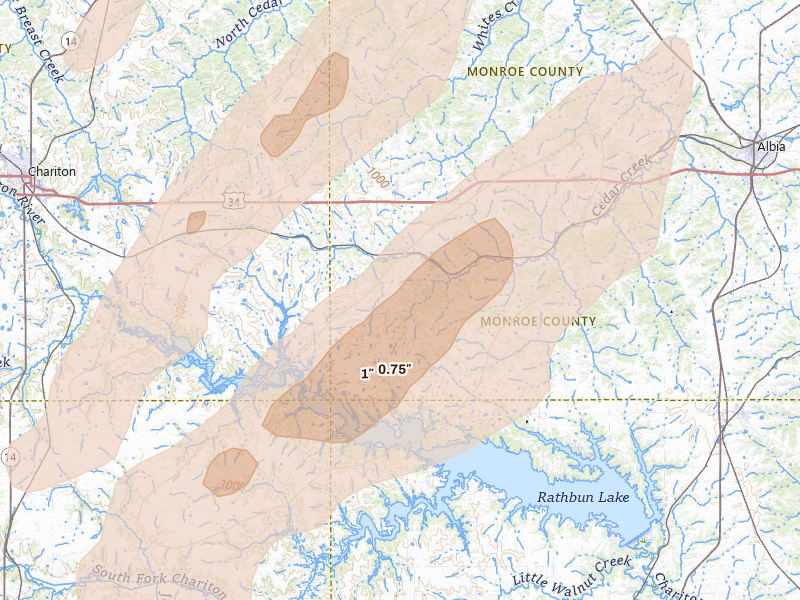Radar-estimated hail-size map of the storm over Melrose, IA on Apr 17, 2026