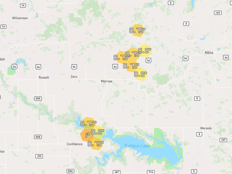 Hail map of Melrose, IA on Jun 6, 2026, hail up to 1"