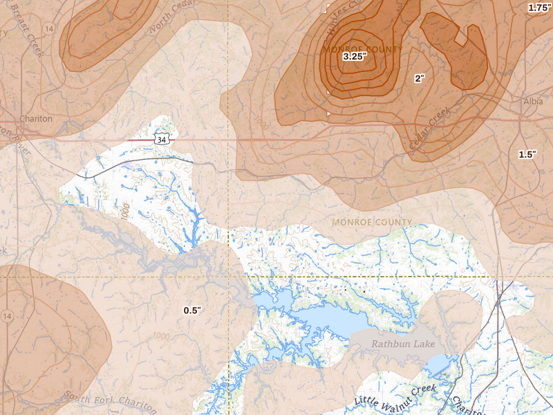 Radar-estimated hail-size map of the storm over Melrose, IA on Jun 11, 2026