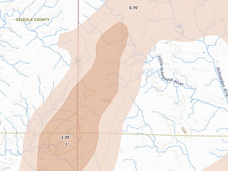 Radar-estimated hail-size map of the storm over Melvin, IA on Apr 13, 2026