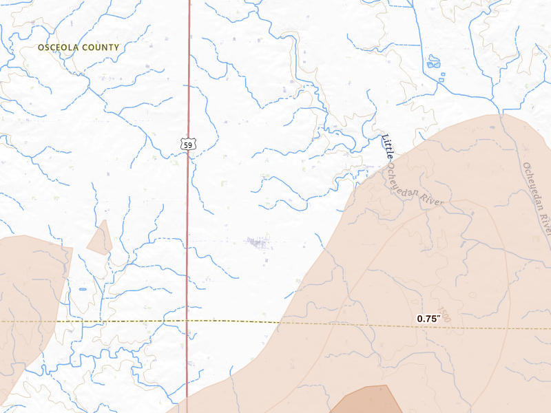 Radar-estimated hail-size map of the storm over Melvin, IA on May 17, 2026