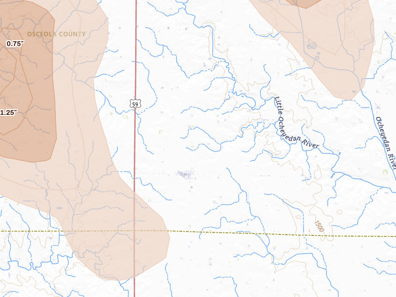 Radar-estimated hail-size map of the storm over Melvin, IA on Jul 4, 2026
