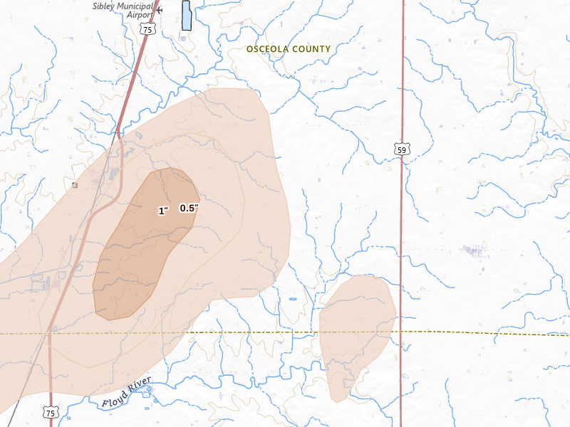 Radar-estimated hail-size map of the storm over Melvin, IA on Aug 3, 2026